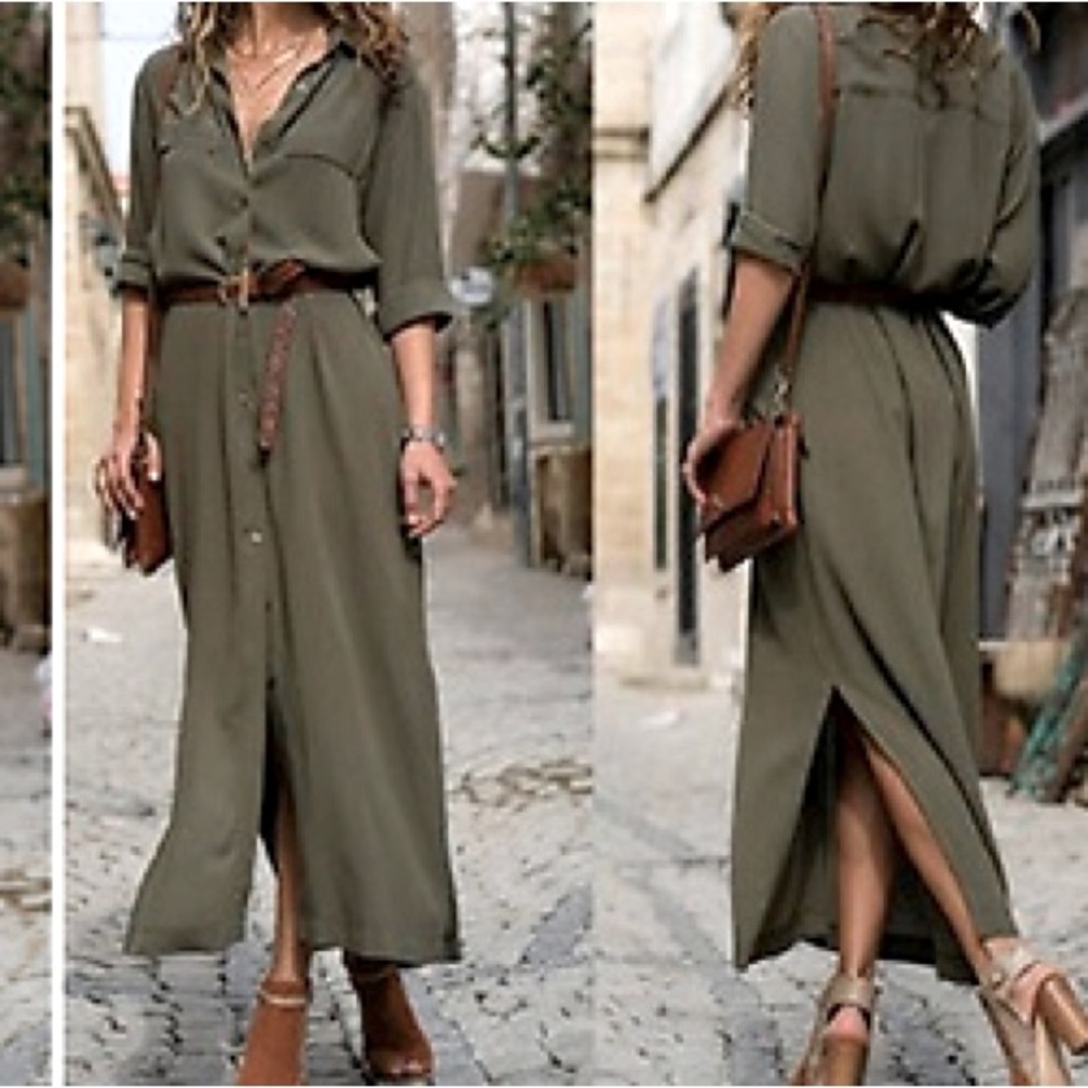 Olive Green Long Sleeve Button-Front Maxi Shirt Dress